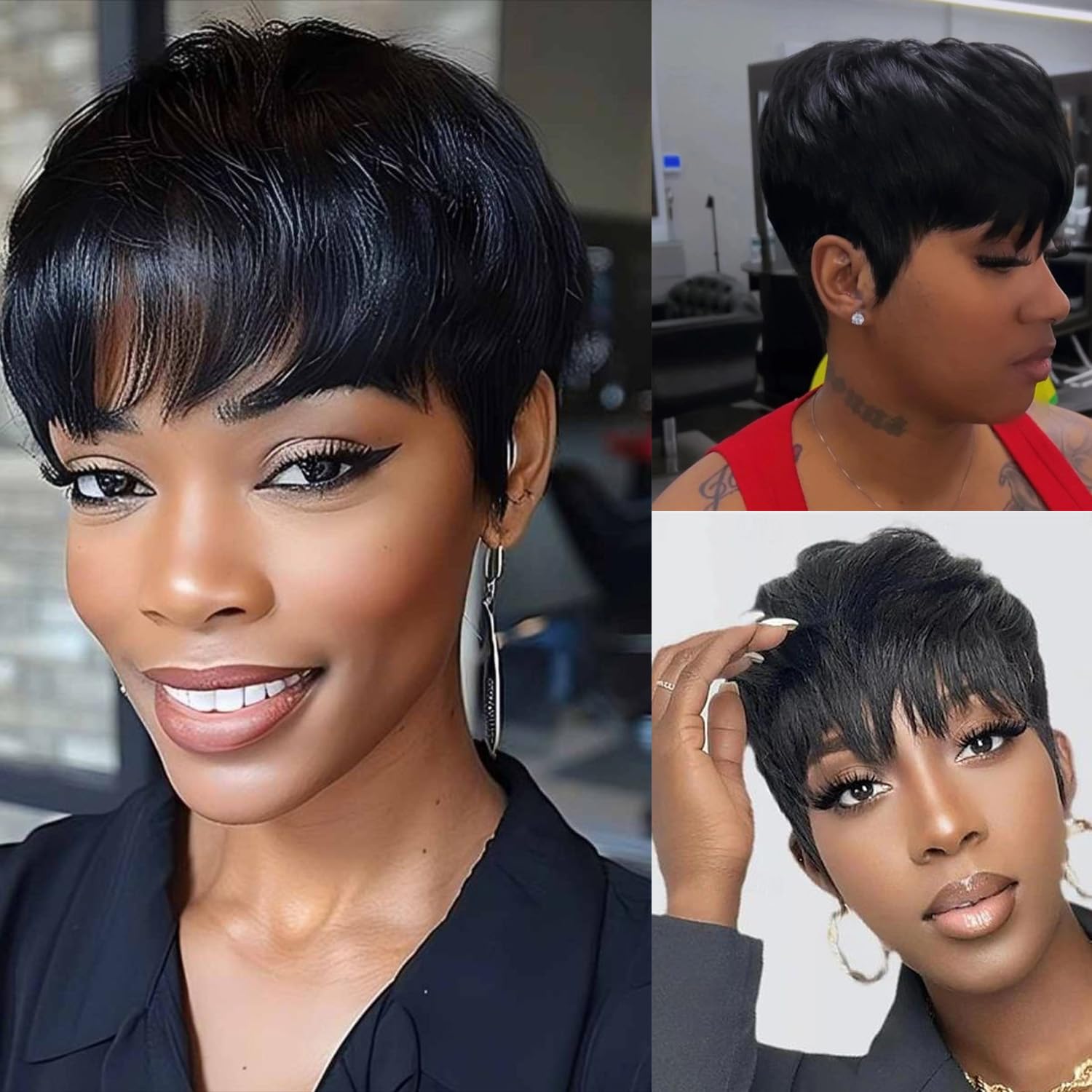 Besteffie Pixie Cut Wig Human Hair Short Straight Bob Wig for Black Women Brazilian Human Hair Full Machine Made Wigs for Daily Use Black Nature 6 Inch