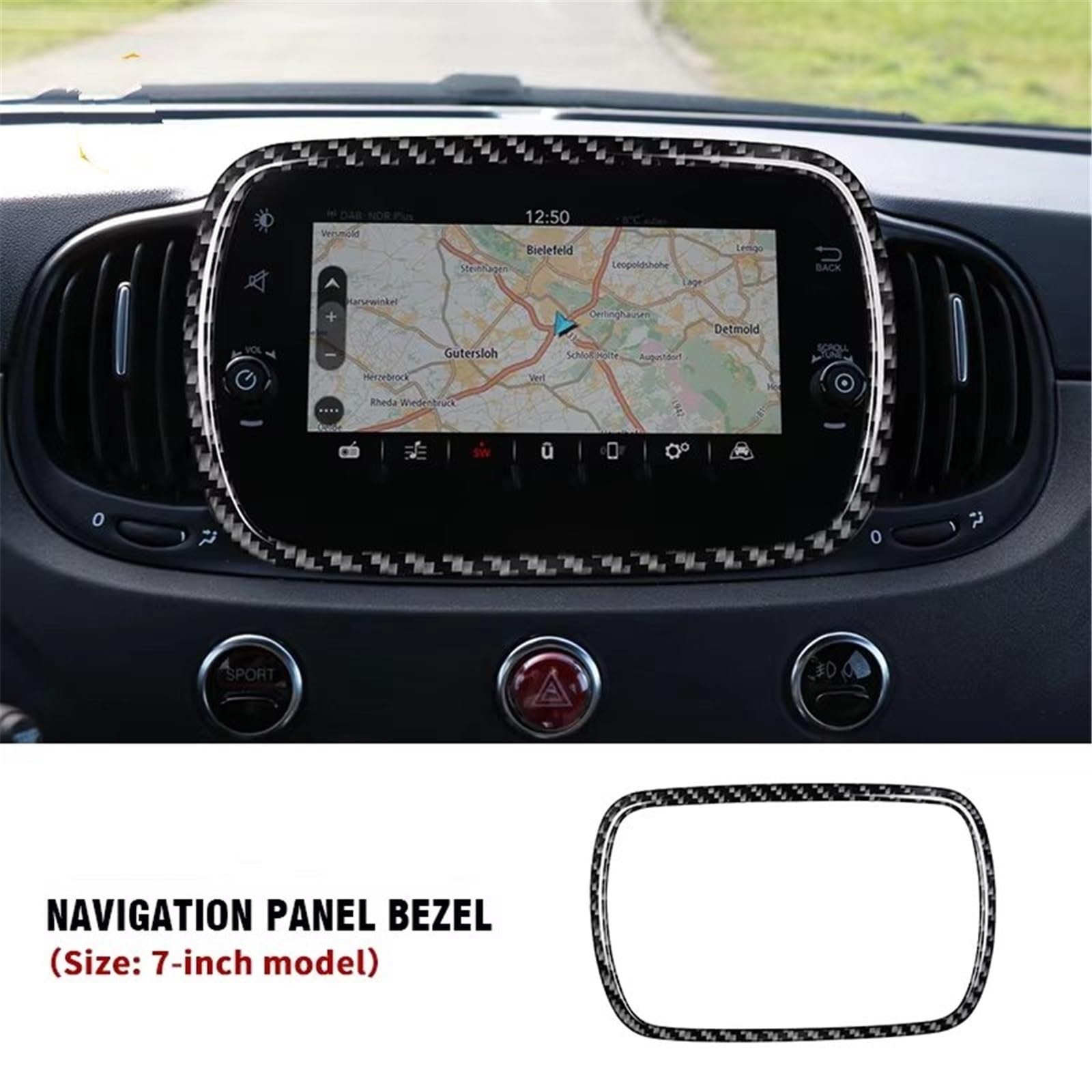 Compatibile Con Fiat 500 Per Abarth 595 2016 2017 2018 2019 2020 2021 2022 2023 2024 Auto 7 Pollici Pannello Di Navigazione Cornice Adesivo Decorativo Interni dell'auto(Black)