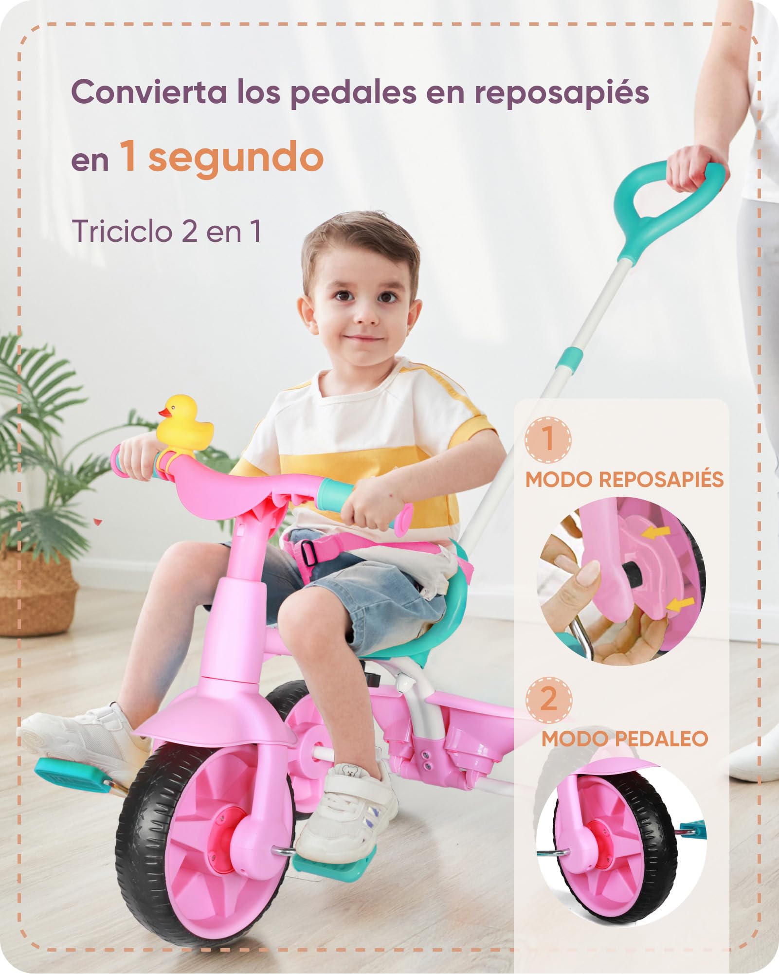 KRIDDO Triciclos 2 en 1 para niños de 18 Meses a 3 años, Ruedas EVA mejoradas, Triciclo de Regalo para niños pequeños, triciclos para niños de 2 a 3 años con Mango de Empuje y Campana de Pato, Rosa