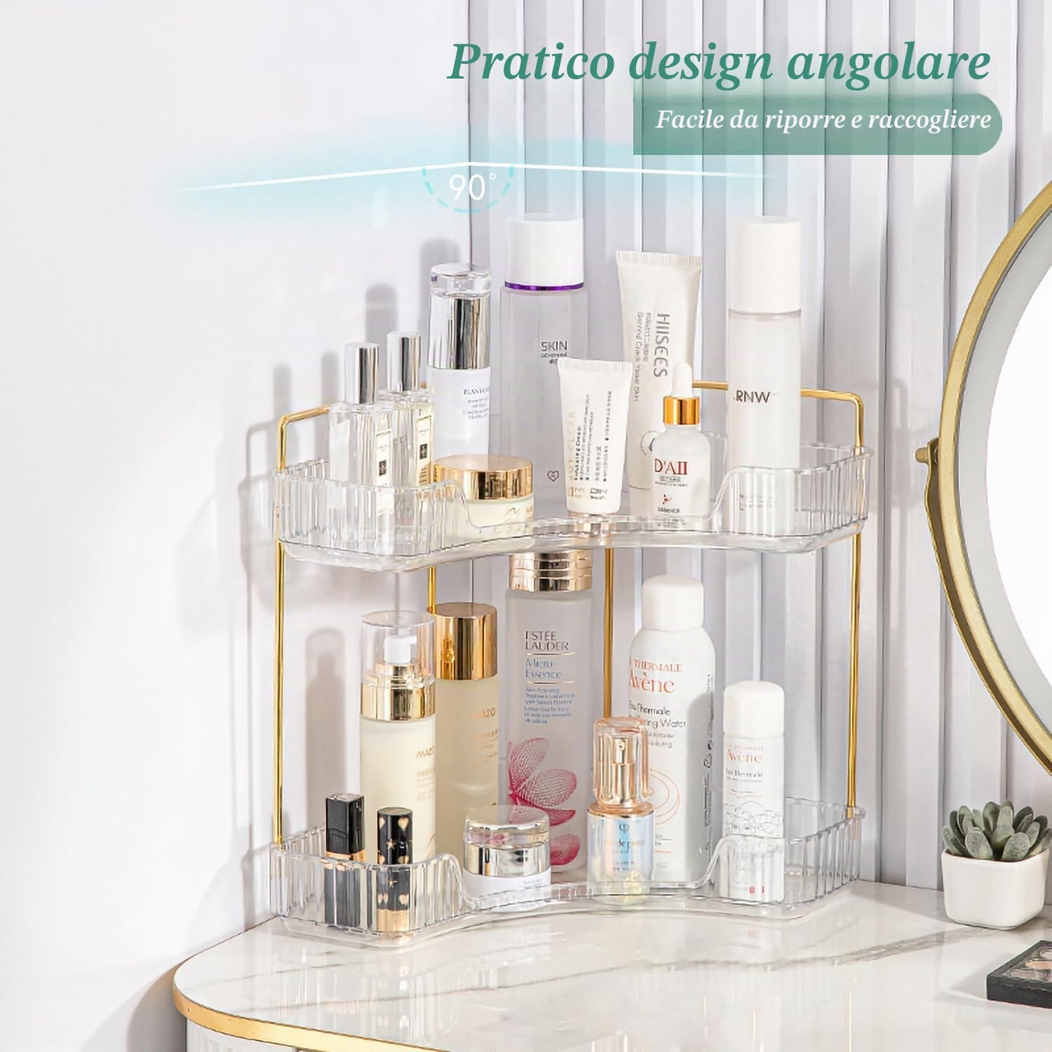 Organizzatore di Trucco, organizzatore angolare per il bagno, Organizzatore di Cosmetici ad Grande Capacità, Organizer Trucchi Multifunzione Adatti per Toeletta, Bagno, 2 Livello, Trasparente