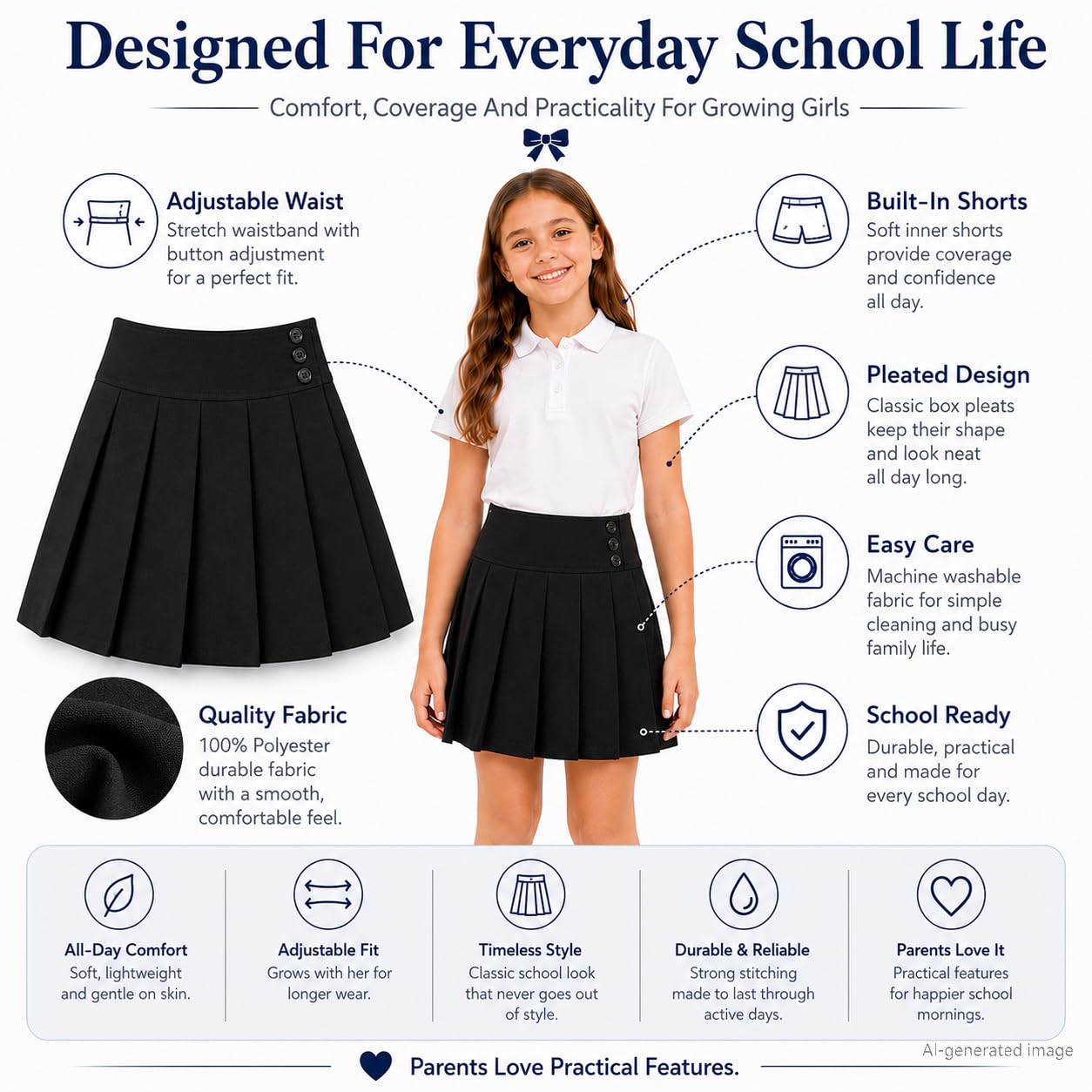 Bienzoe Falda de uniforme escolar para niñas: falda plisada de cintura ajustable para niños, negro, 13-14 Years