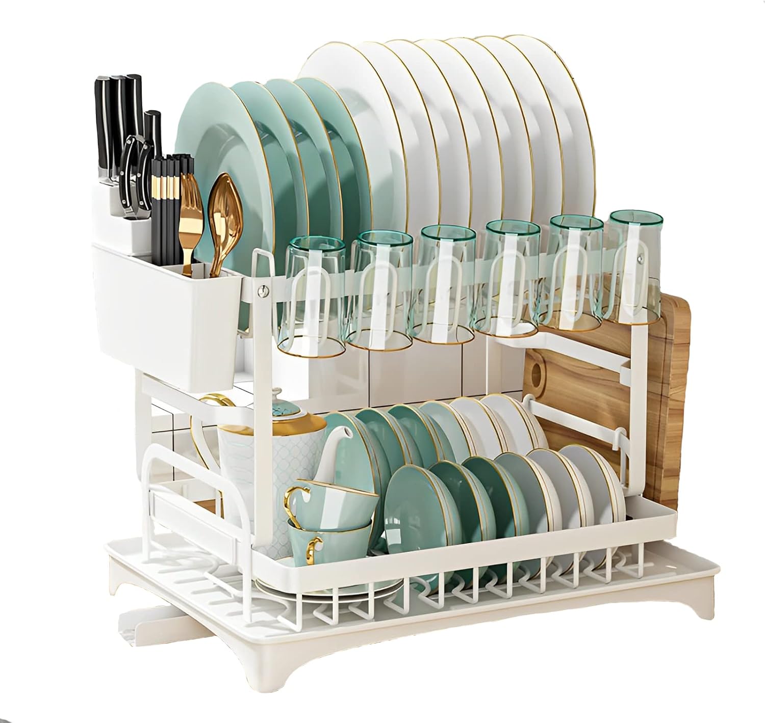 Dish Drying Rack Dish Basket Kitchen Storage 【Stainless Steel, Knife Holder, Cutting Board Stand, Chopstick Holder, 2-Tier, Foldable】Rustproof Large Capacity Automatic Water Drainage Dish Stan (White)