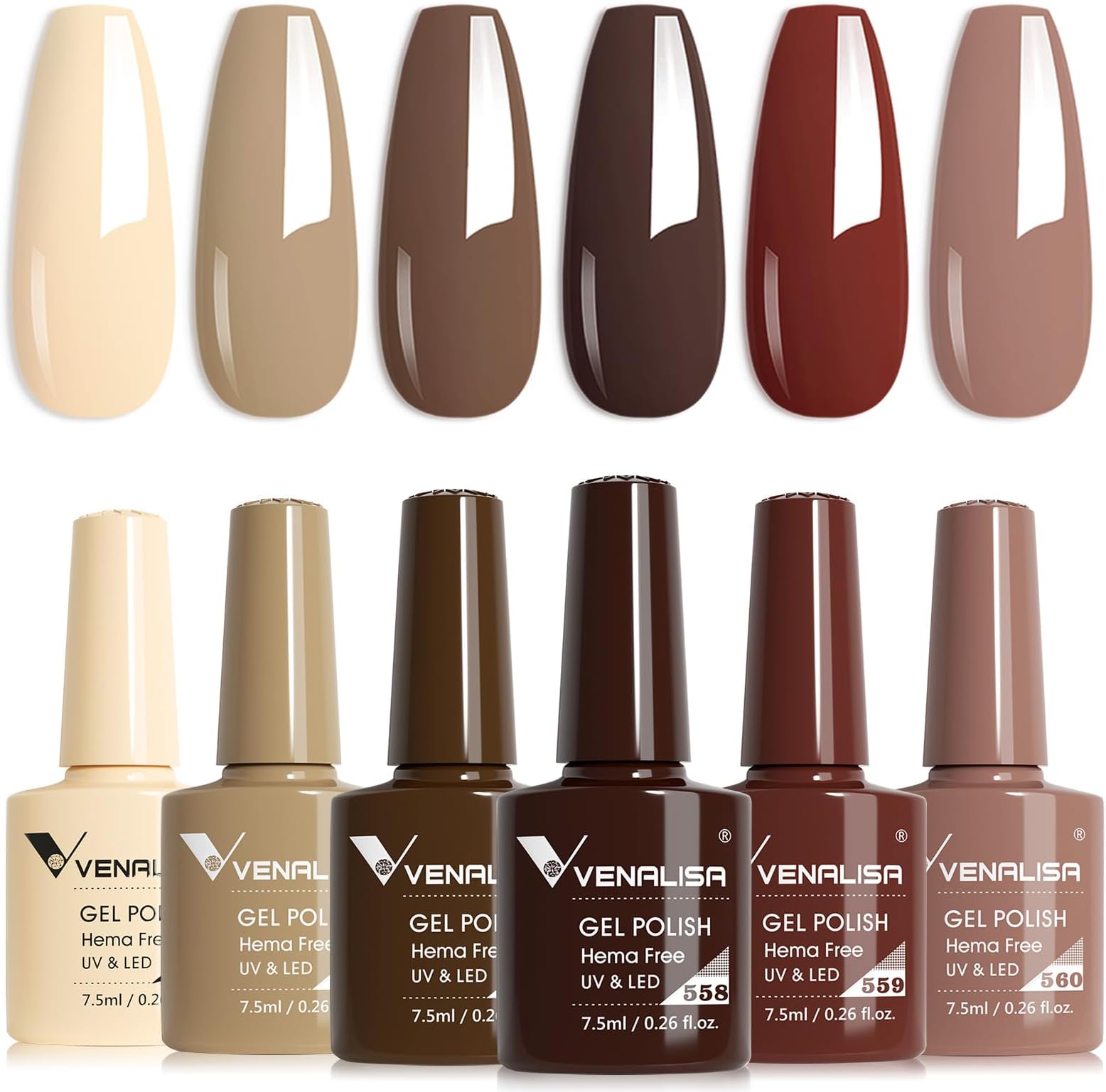 VENALISA Gel Nail Polish Set 6 Colors Brown Caramel Coffee Chocolate Gel Polish Collection Soak Off 7.5ml UV Gel Classic Nail Art Manicure for Holidays