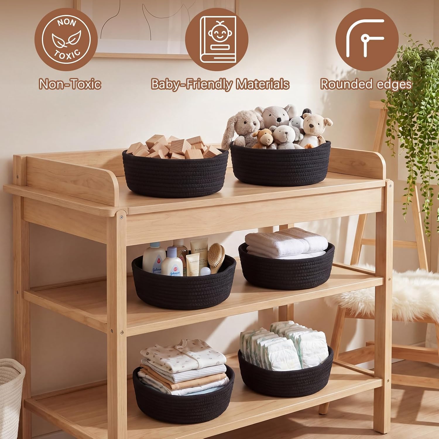 Yinkin 12 Pack Small Storage Basket Cute Natural Cotton Rope Woven Basket Tiny Boho Decorative Toy Storage Bin Gift Baskets for Home Organizing, Closet, Shelf, Nursery, Bathroom (Round,Black)