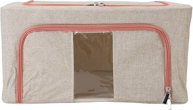 Clothes Storage Bin Metal Frame Foldable Fabric Blanket Storage Container with Clear Window 2 Openings Khaki 100L