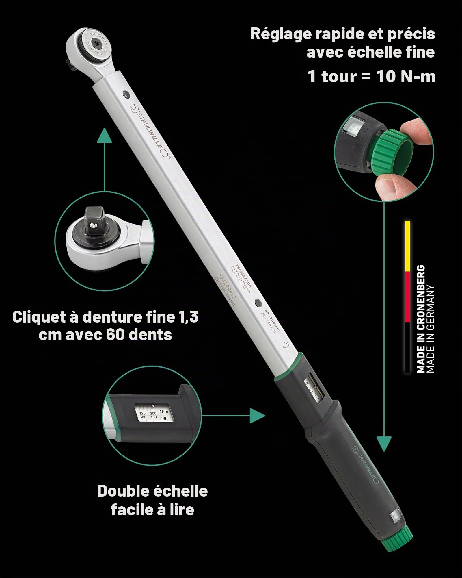 STAHLWILLE 750 NR/200 - Clé dynamométrique 40-200 N·m avec cliquet réversible 1/2" - Avec certificat - Fabriquée en Allemagne