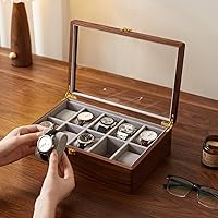 THFLSTR Luxury 10-Slot Black Walnut Watch Box Organizer with Tempered Glass, Velvet Lining & Brass Hinges - Gift for Men Women