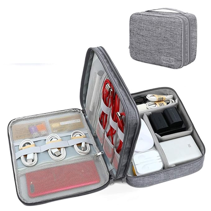 FORKLS Electronics Accessories Organizer Bag Watreproof Double Layer Tech kit Organizer Universal Portable Cable Storage Bag Electronic Accessories Case Perfect Size for Pad Phone Charger, Flash Drive, Cord, Ipad Mini, SD Card-Grey