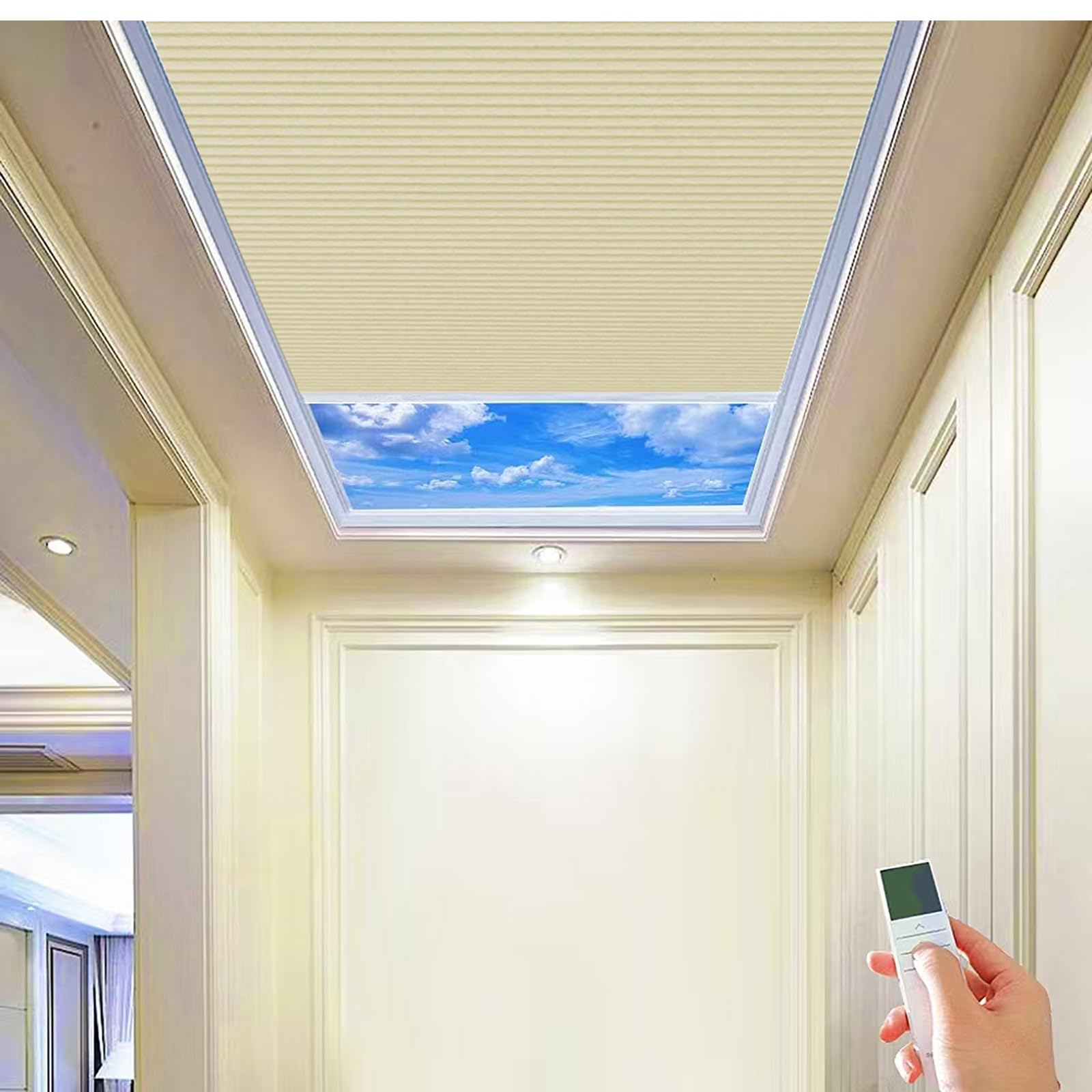 TIPIACE New Upgrade Rechargeable Motorized Skylight Blinds Full Blackout Fabric Cellular Honeycomb Shades Suitable for Roof Inclined Plane Room Windows (Beige Yellow 93021D)