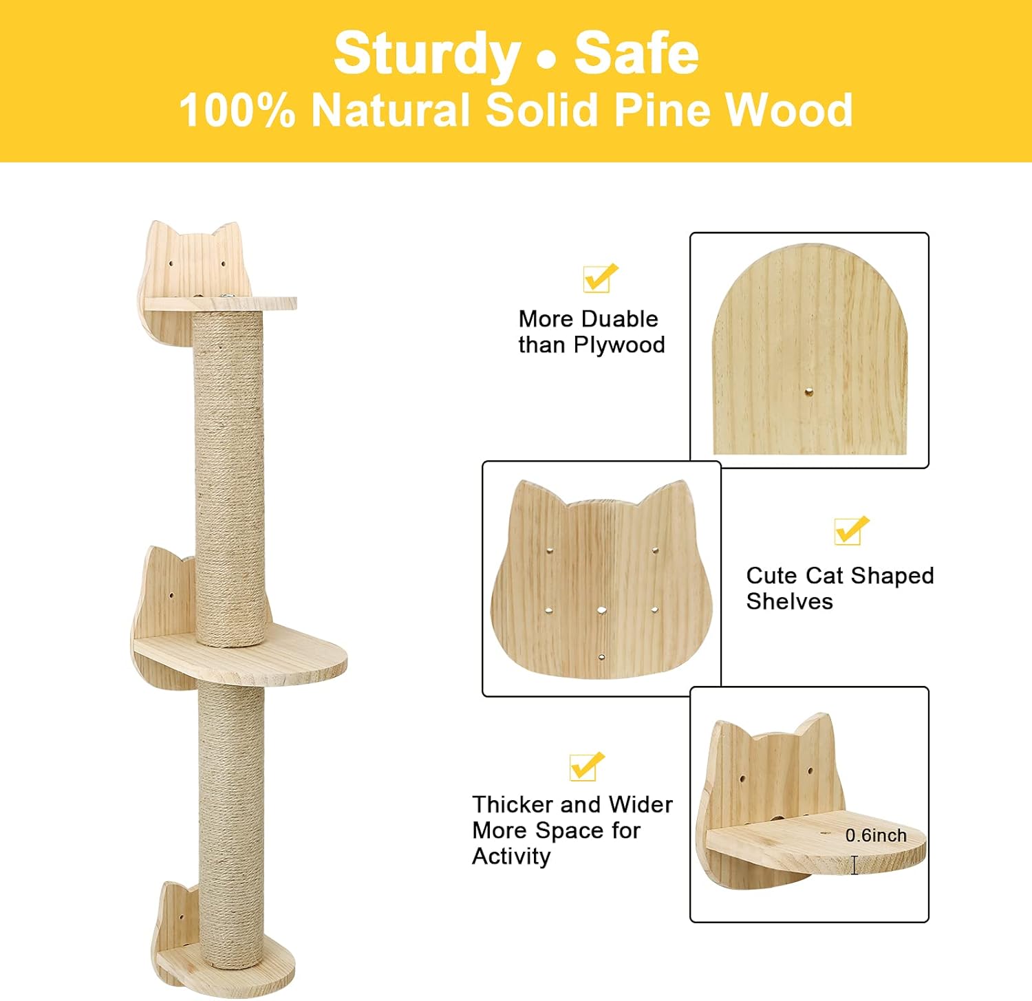 review Wall Mounted Cat Scratching Post - Sisal Cat Scratcher Solid Wood Cat Wall Shelves Steps Cat Furniture for Indoor Large Cats Kittens, 38 Inch Tall Cat Ladder Post Tree in Mutil- Assembly Ways