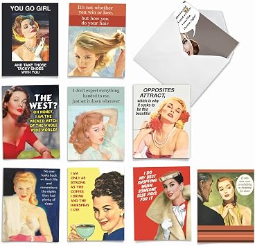 Best Card Co 10 Funny Birthday Cards Assorted 4 x 5.12 Inch Adult Humor Retro Vintage Sassy Ladies Birthday Cards for Women M6621BDG-NB
