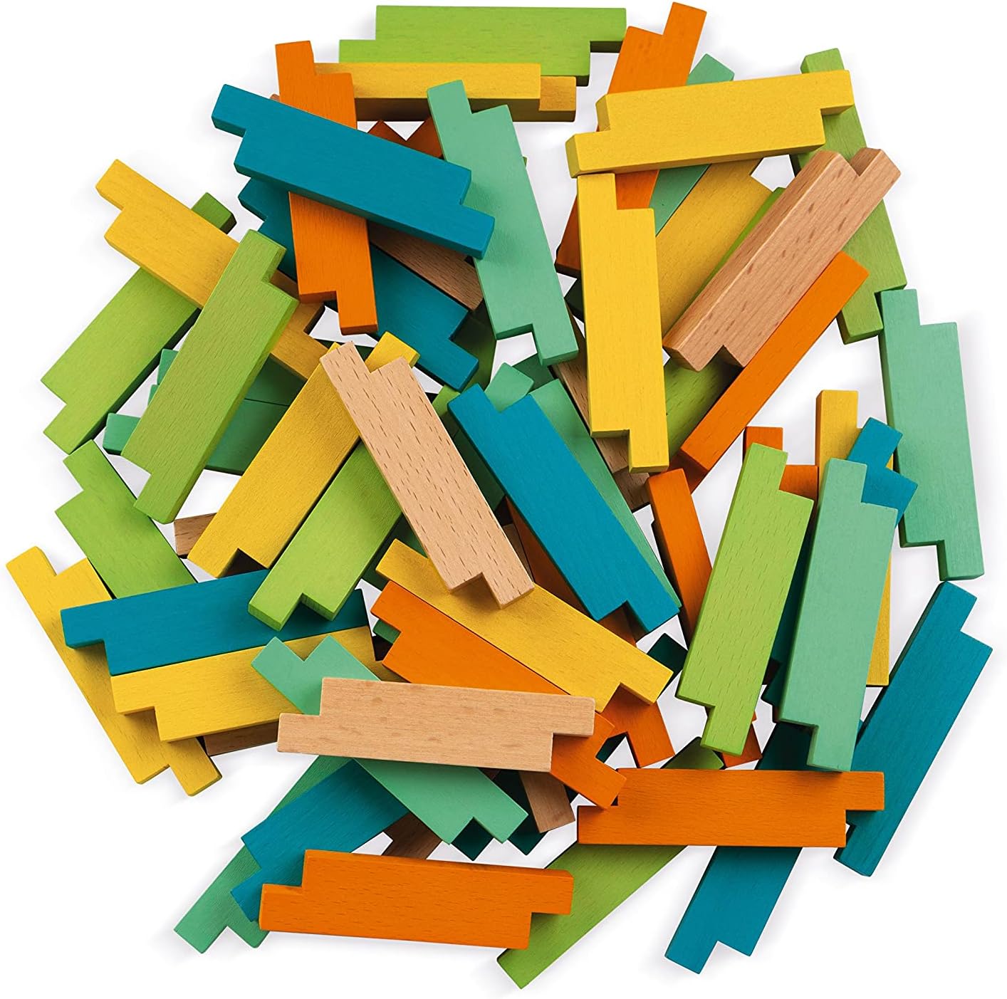 Janod 60 Piece Unique Wooden Building Kit with Notched Blocks - Ages 4+ - J08300