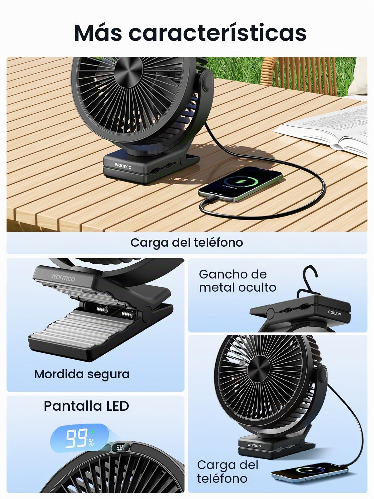 Warmco DJ10 10000 mAh Clip Ventilador con rotación de 720° para camping