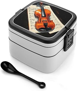 Violin Sheet Music Bento Box Adult Double Layer Bento Lunchbox Leak Proof Stackable Compartment Lunch Boxes with Spoon for Meal Prep, Work, And on The Go
