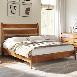 AMERLIFE Solid Wood Bed Frame Full Size, Mid Century Platform Beds with Reclining Slatted Headboard, Wood Slat Support/No Box Spring Needed/Noise Free, Light Brown