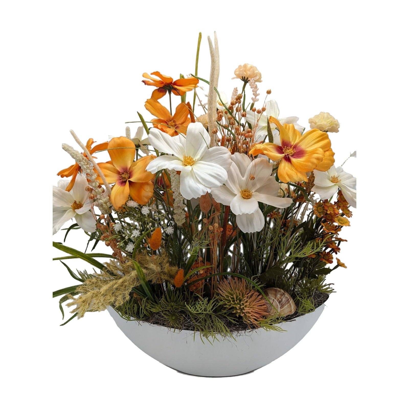 Sommergesteck Blüten Gräser Schnecke orange Weiss
