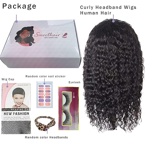 Miniatura 5 de Peluca de cabello humano rizado con diadema para mujeres negras, pelucas de cabello humano sin pegamento de 20 pulgadas, sin encaje frontal,