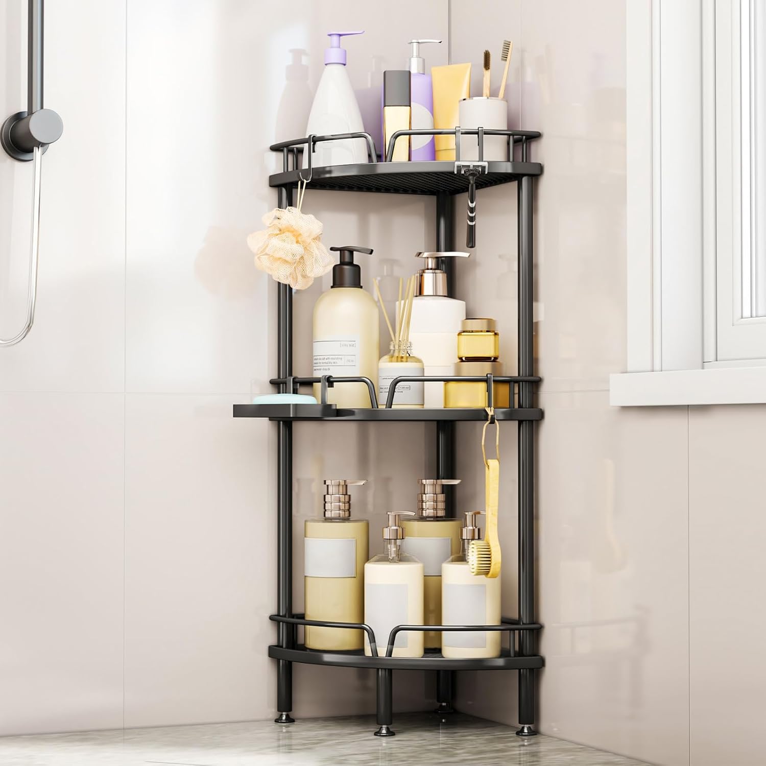 Consumest Corner Shower Caddy Stand - 3 Tier Shower Organizer with Soap Holder Tall Floor Corner Shelves Standing