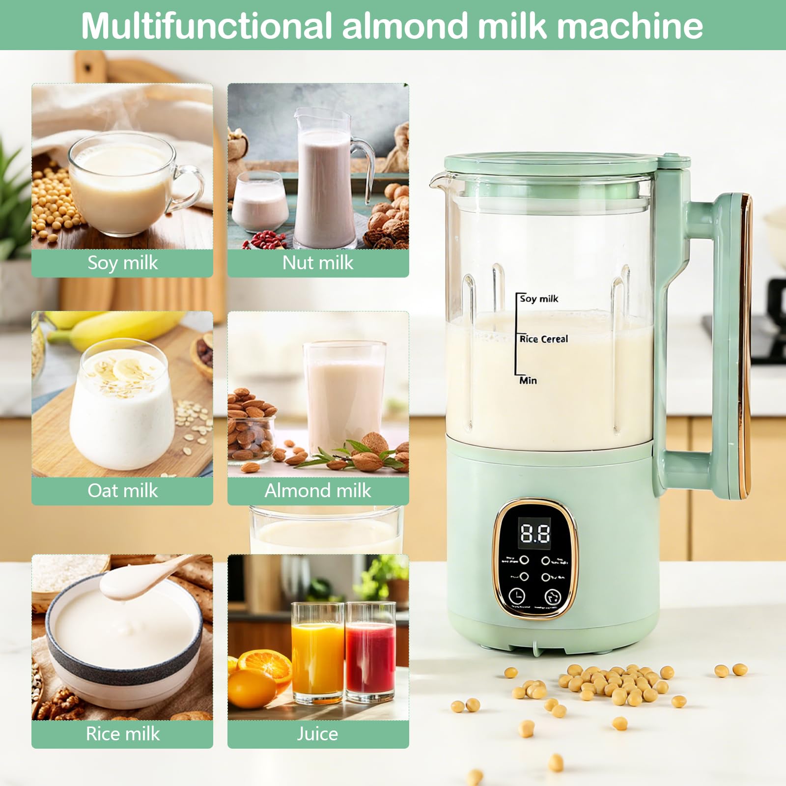Machine à lait de soja 800 ml, préparateur de lait végétal, tête de broyage inox 20 lames, menus intelligents, sécurité enfant, arrêt automatique, maintien au chaud, auto-nettoyage
