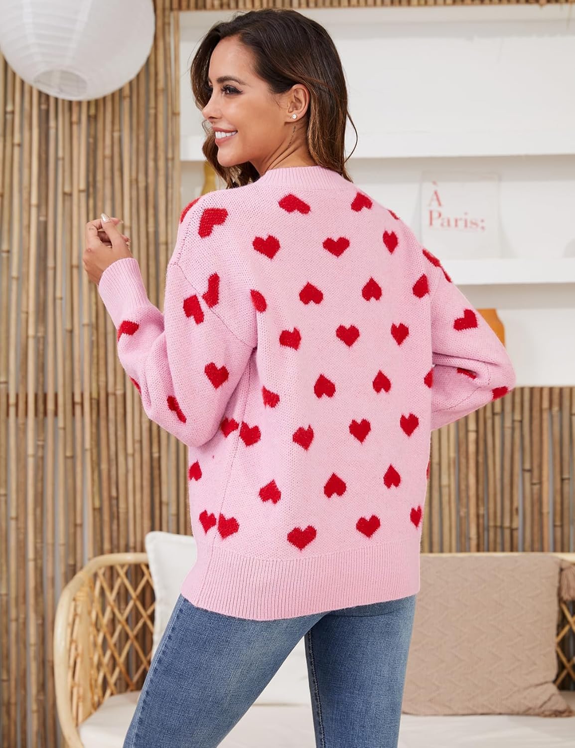 Gihuo Valentine Heart Sweater for Women Cute Kawaii Casual Crewneck Knitted Pullover
