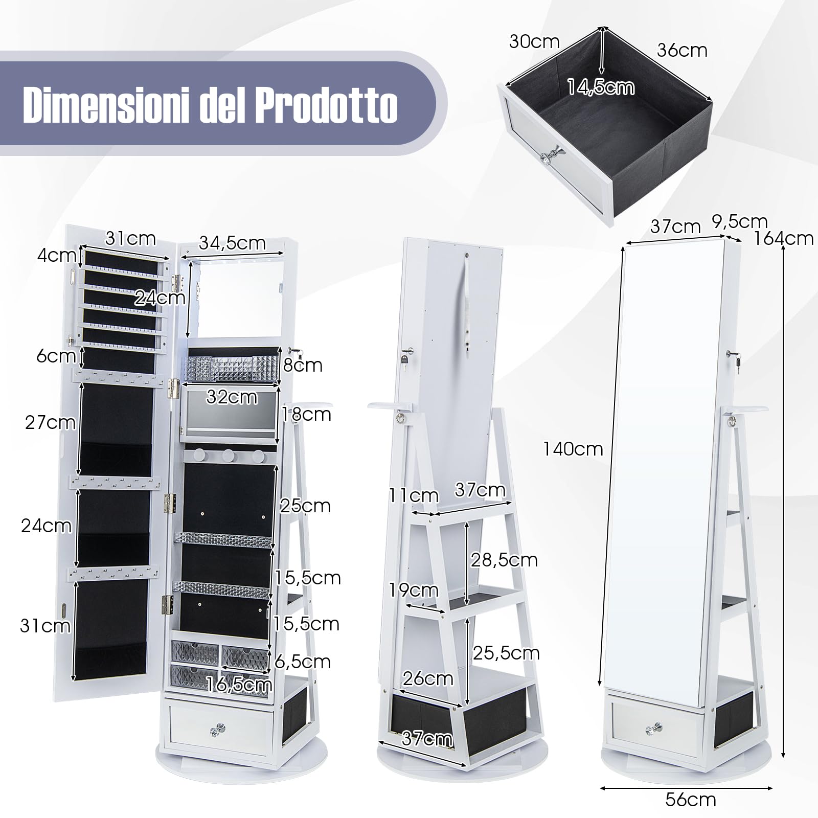 RELAX4LIFE Armoire à Bijoux Pivotante à 360ºavec Miroir Pleine Longueur, Miroir Bijoux sur Pied LED avec Support Sèche-Cheveux, Grand Tiroir, 3 Étagères pour Rangement Bijoux (Blanc)