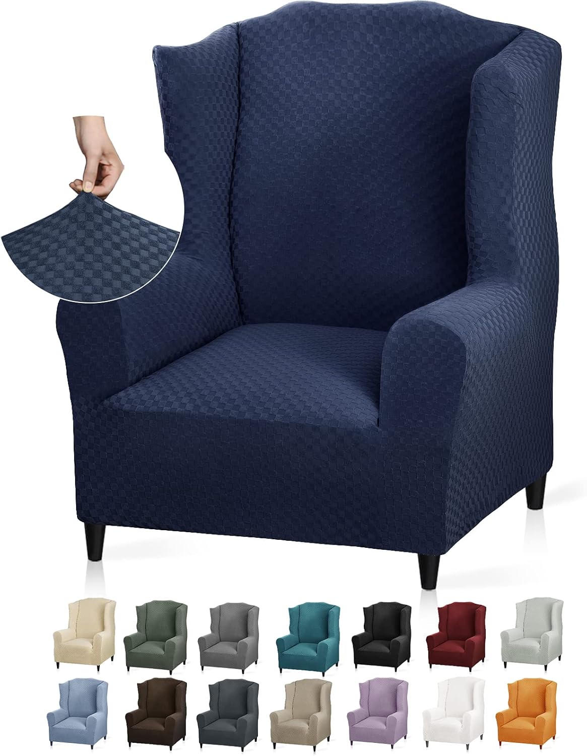 YEMYHOM 1 Piece Stretch Wingback Chair Slipcover Latest Jacquard Design Wing Chair Cover Non Slip Furniture Protector with Foam Rods for Living Room (Wing Chair, Navy)