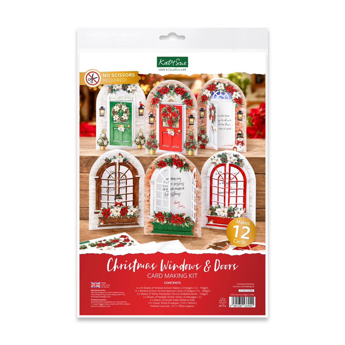 Katy Sue Designs Christmas Windows & Doors Card Making Kit, Make 12 Interactive Christmas Cards, 3D Die-Cut Decoupage, Peelables, Foam Pads & Envelopes, Made in UK
