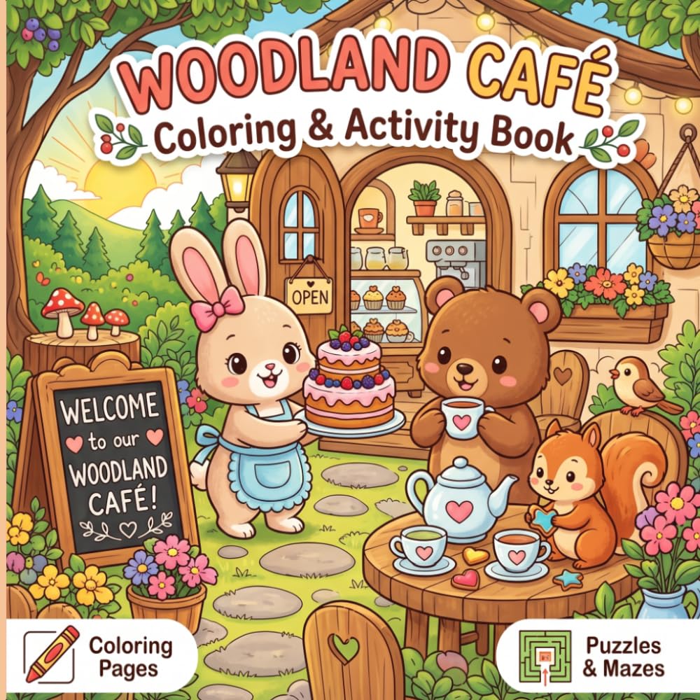 Woodland Café Coloring & Activity Book: Cute Kawaii Animals, Mazes, Hidden Objects & Spot the Difference Puzzles