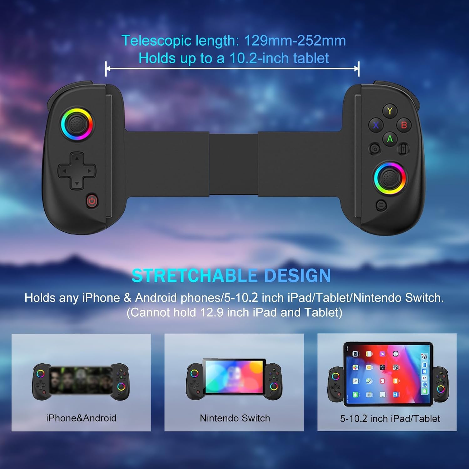 Megadream Mobiler Gaming Controller für iPad/Tablet (bis zu 10Zoll) Wireless Bluetooth RGB Gamepad für iPhone/Android/PC, Hall-Effekt-Joysticks mit Linear Trigger, Turbo Funktion - Schwarz