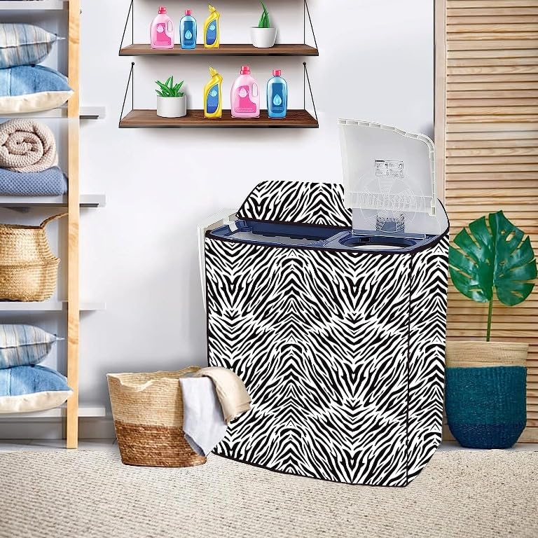 Image of PVC Printed Semi Automatic Washing Machine Cover Compatible For Samsung, Lg, Whirlpool 6Kg, 6.2Kg, 6.5Kg, 7Kg, 7.2Kg, 7.5Kg, 8kg, 8.5kg | Waterproof & Dustproof Cover, Zebra Black.