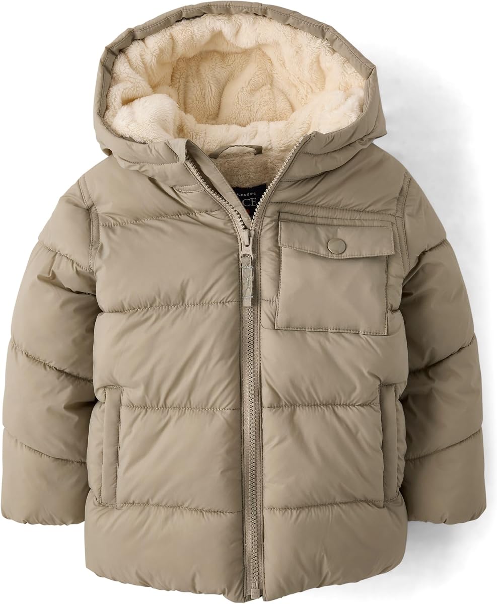The Children's Place Chaqueta acolchada con capucha y cremallera frontal resistente al agua y al viento para bebés y niños pequeños, forro de piel sintética