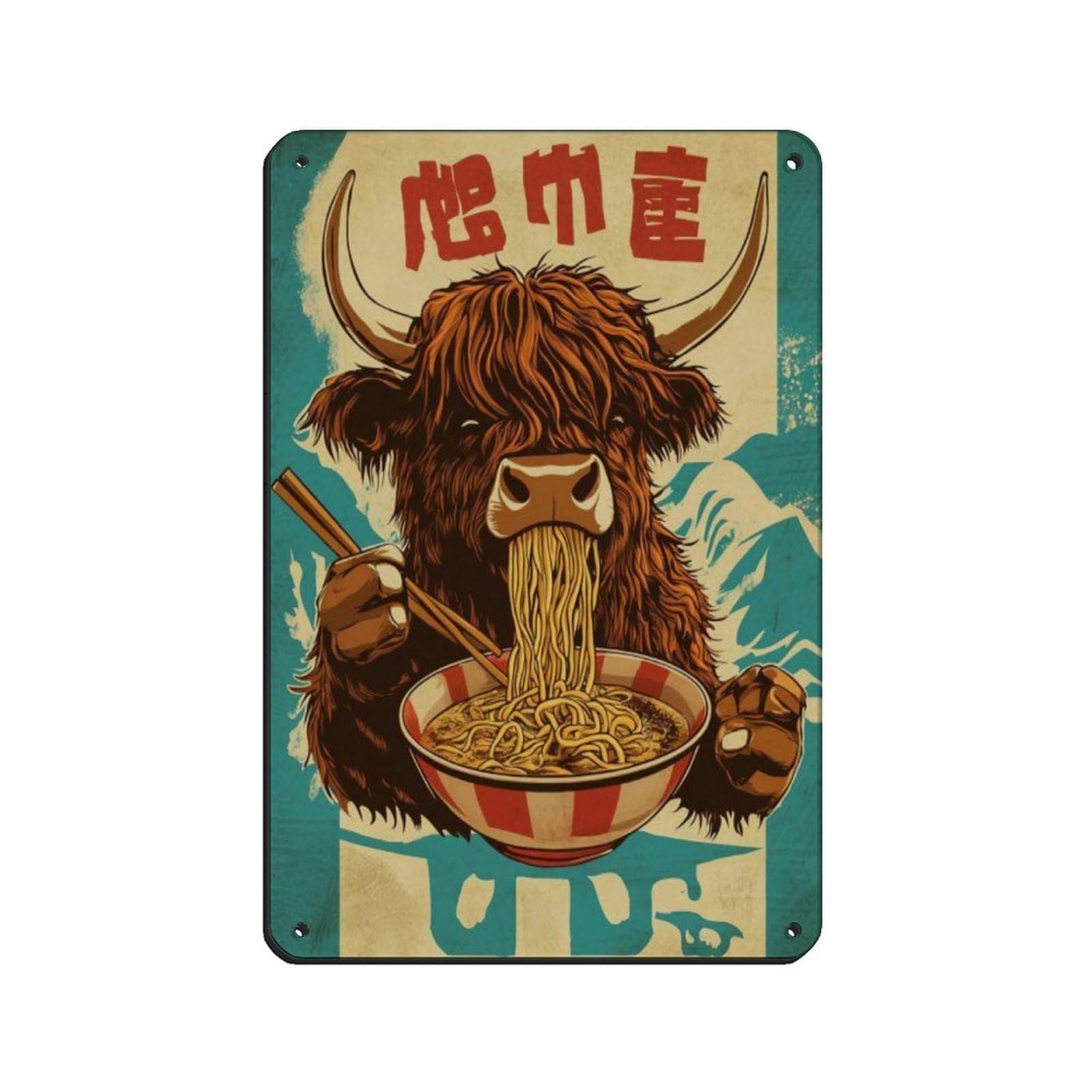 Lxwnze 20L X 30W Cm Highland Cow Eating Ramen Retro Poster, Tin Sign Vintage Metal Pub Club Cafe Bar Home Wall Art Decoration Poster Retro 8X12inch(20X30cm)