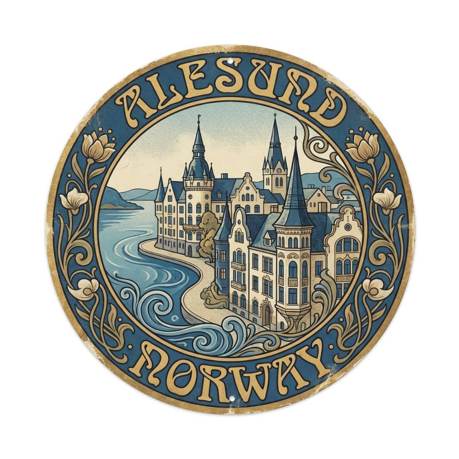 Norway Alesund Travel Circle Retro Vintage Metal Tin Sign Plaque Wall Decor for Cafe, Club Bar, Office, Garden Metal Poster 8x8Inch