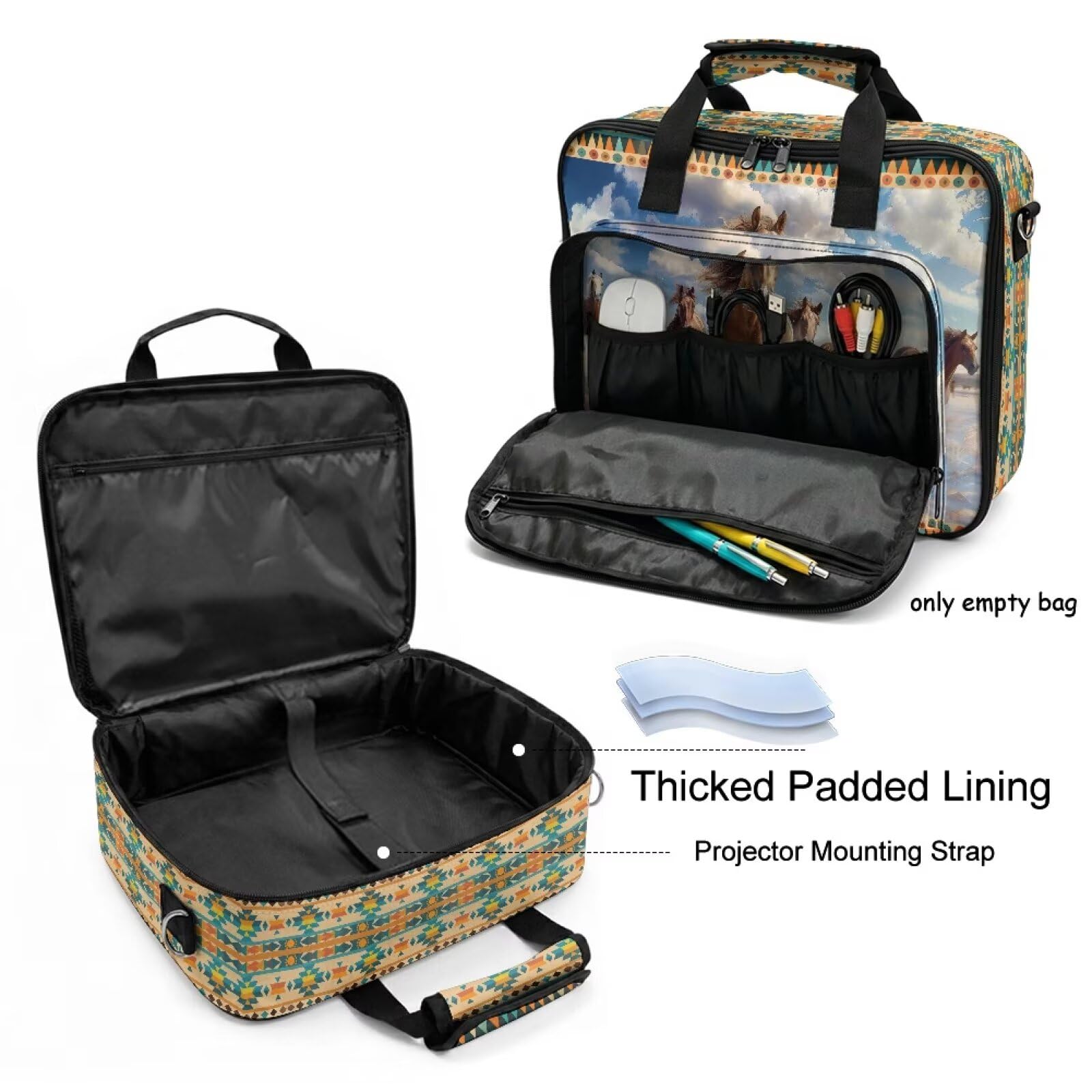 Aztec Horse - Funda de transporte portátil para proyector, bolsa de almacenamiento de viaje con correa de hombro desmontable para proyector, cables y dispositivos multimedia, esencial de