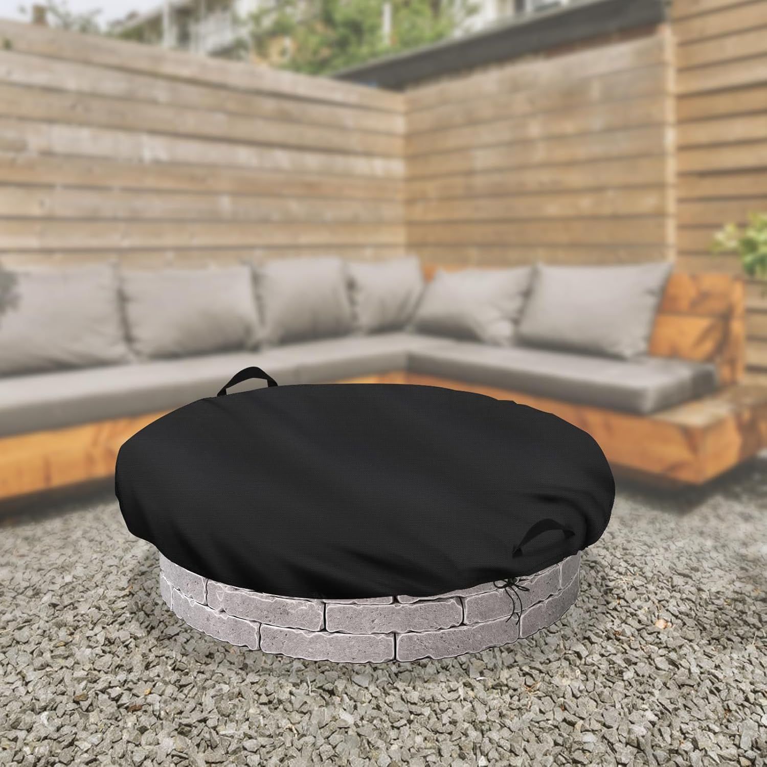Outdoor Build In Fire Pit Cover for In Ground Firepit 60-64 Inch Large Fire Pit Built In Stone Fire Pits Waterproof Cover Round - 64"D × 8“H, Black