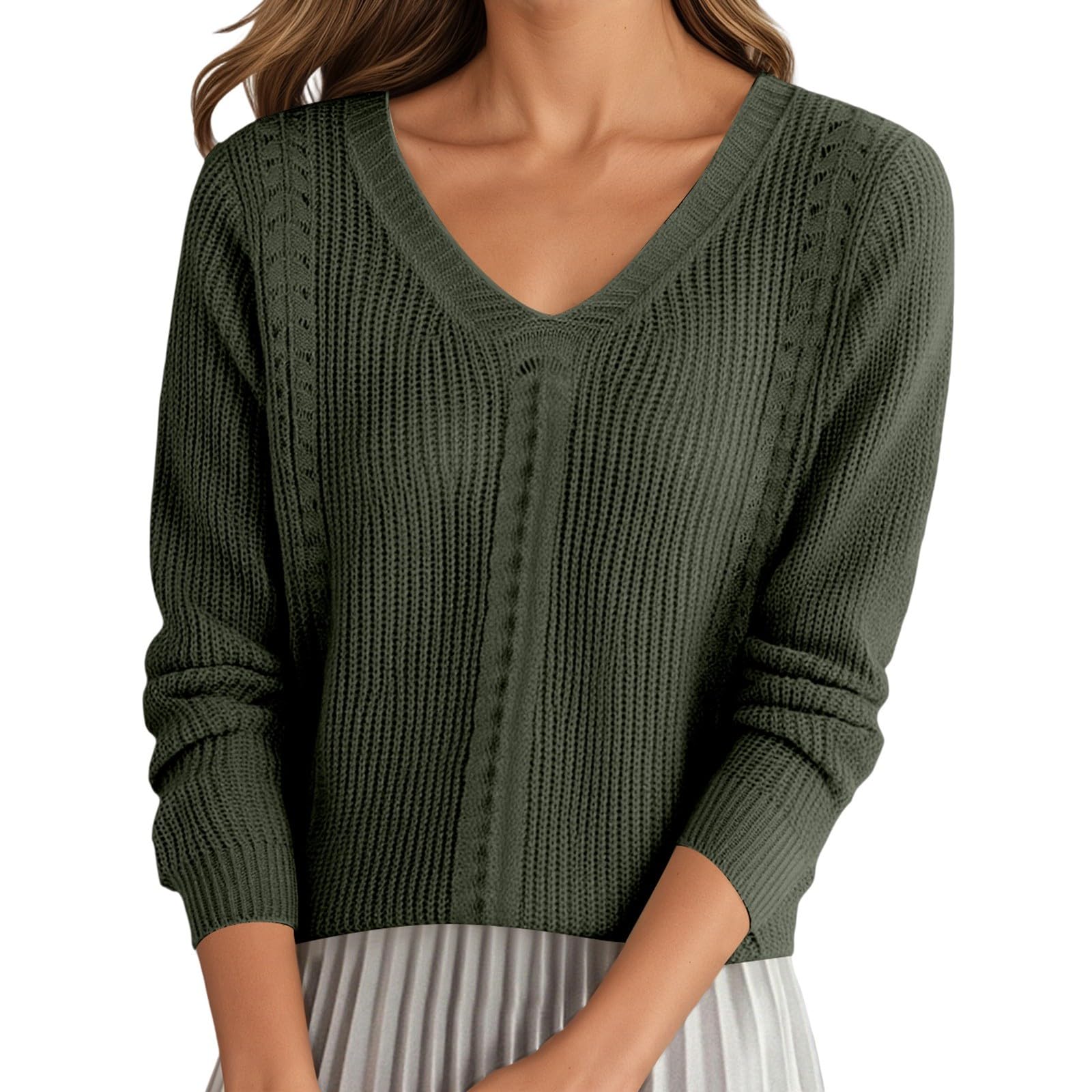 Womens Long Sleeve V-Neck Sweater Slim Fit Dressy Casual Pullover Tops Lightweight Fall Winter Soft Comfortable Outfits