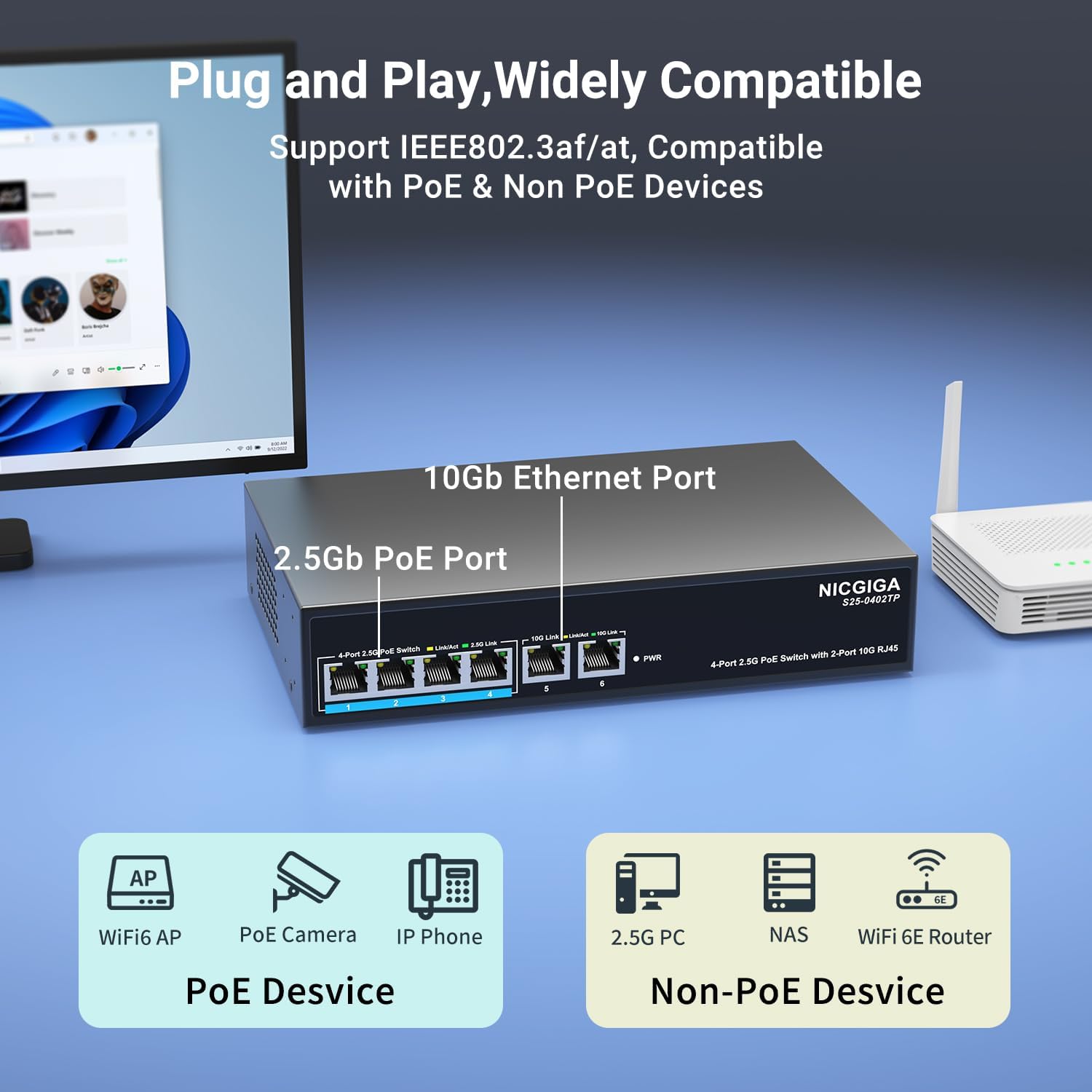6 Port 2.5Gb PoE Switch Unmanaged with 4 Port 2.5G Base-T PoE+@65W + 2 x 10G RJ45 Uplink, NICGIGA 6 Port 2.5Gbe IEEE802.3af/at Power Over Ethernet Switch, Support WiFi6 AP, NAS, 4K PoE Camera NVR.