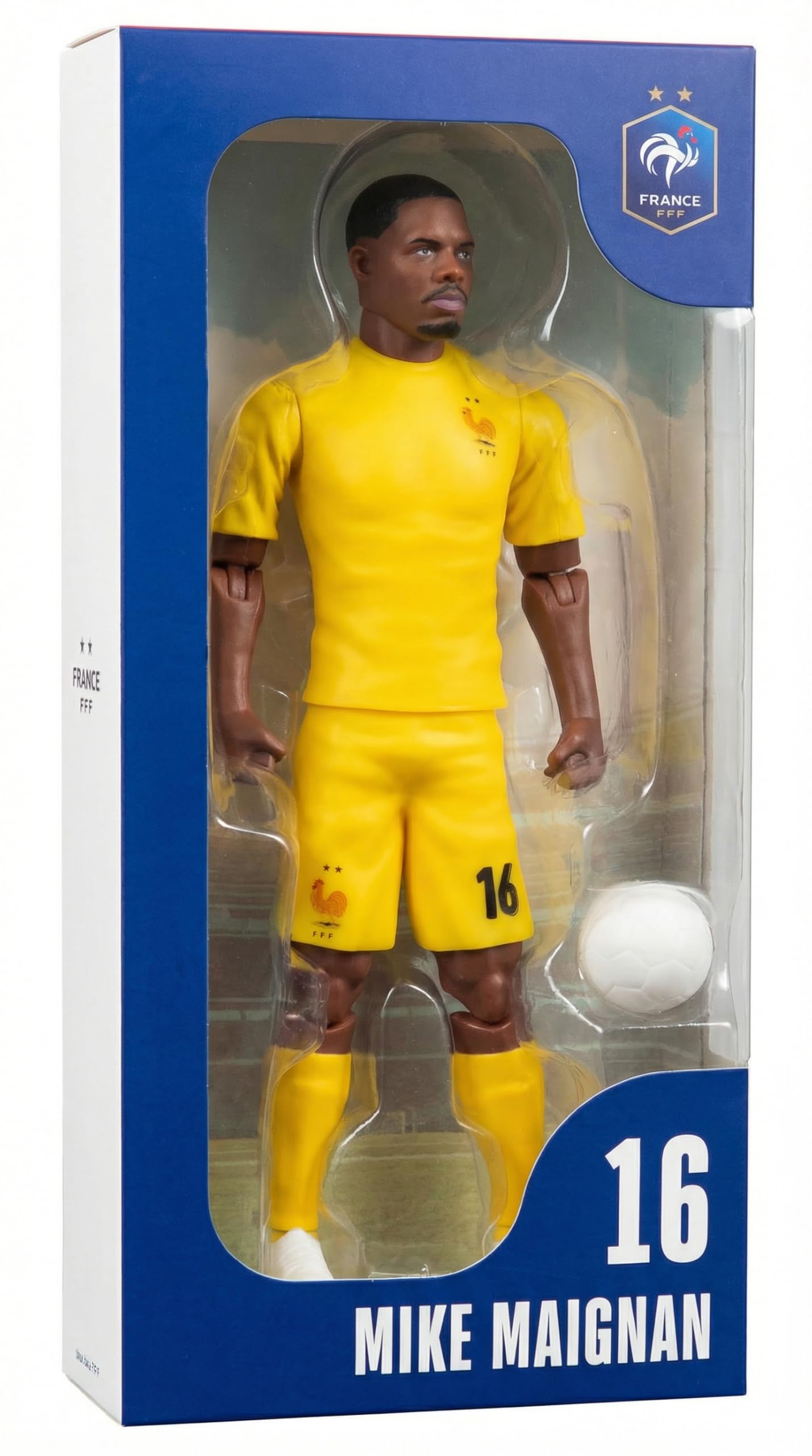 Megableu FFF Maignan No. 16 - 20 cm - Large Football Figure with 10 Dots - Official Licensed Product of the French Team - Football Toy with Ball - Gift for Fans in Blue