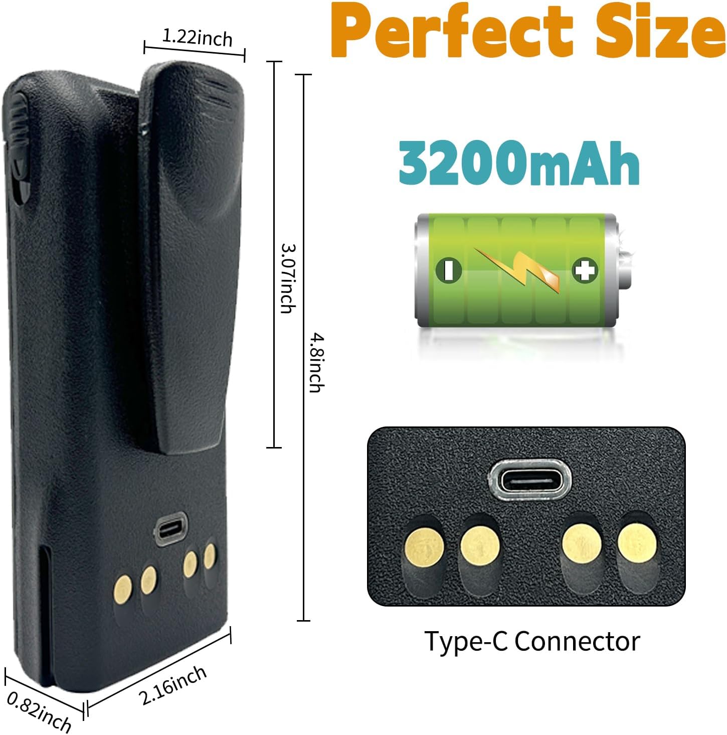 NNTN7335B NNTN7335 NNTN7335A 3200mAh Li-ion Battery USB Type C for XTS1500 XTS2500 XTS2250 PR1500 MT1500 Portable Radio NNTN7554 NTN9858C NTN9858 NTN9857C with Belt Clip