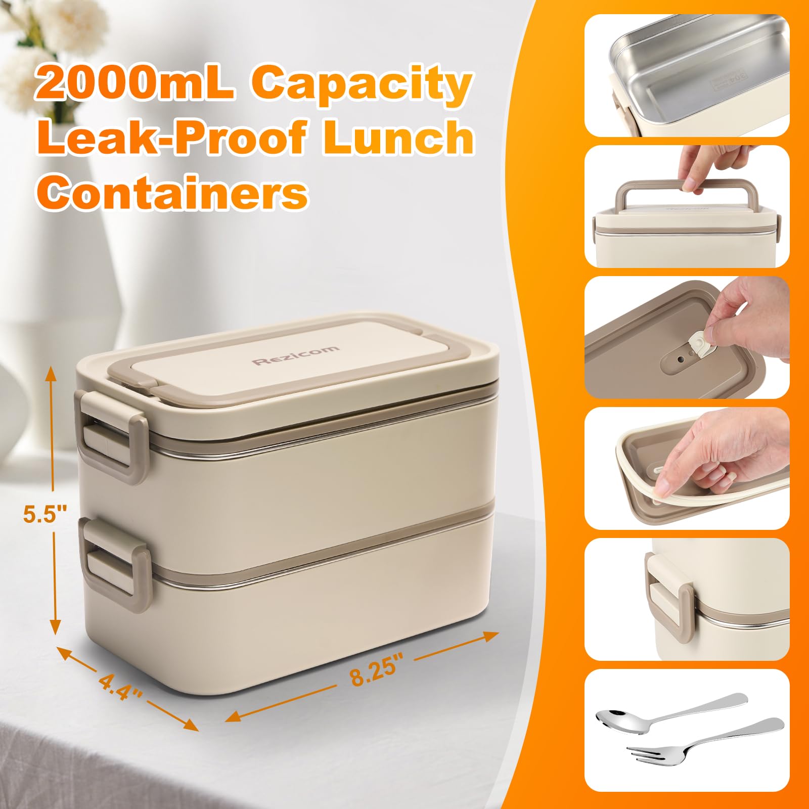 Rezicom Contenitore Per Il Pranzo In Acciaio Inox, Per Bambini E Adulti, A Due Strati, Capacità 2 L, A Prova Di Perdite, Contenitore Per Il Pranzo Per Donne, Scuola, Ufficio, Con Ciotola In Acciaio - 10