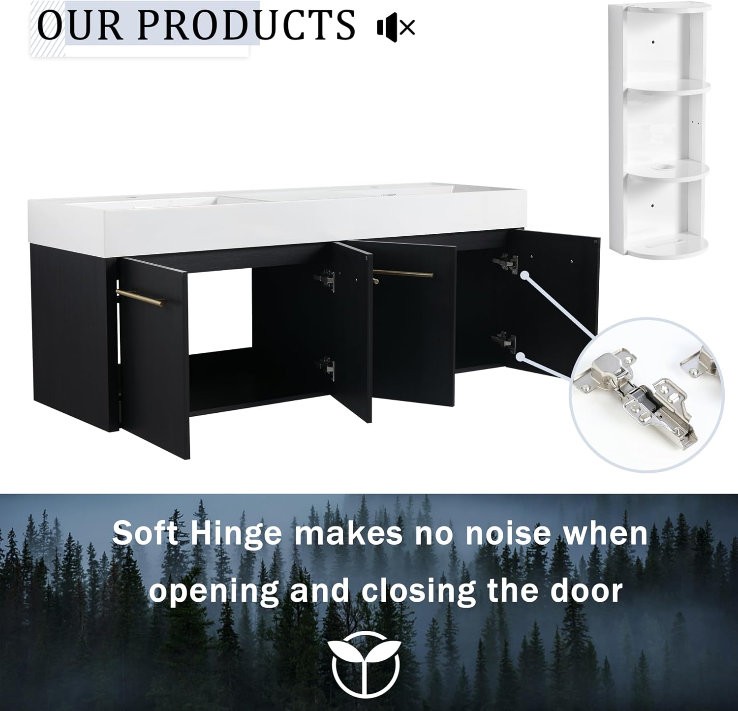 60 Inch Wall-Mounted Bathroom Vanity with Double Resin Sink & Storage Rack, Black Chestnut Finish, Soft-Close Hinges, Scratch & Water-Resistant Plywood, Modern Floating Design, 3-Piece KD Package