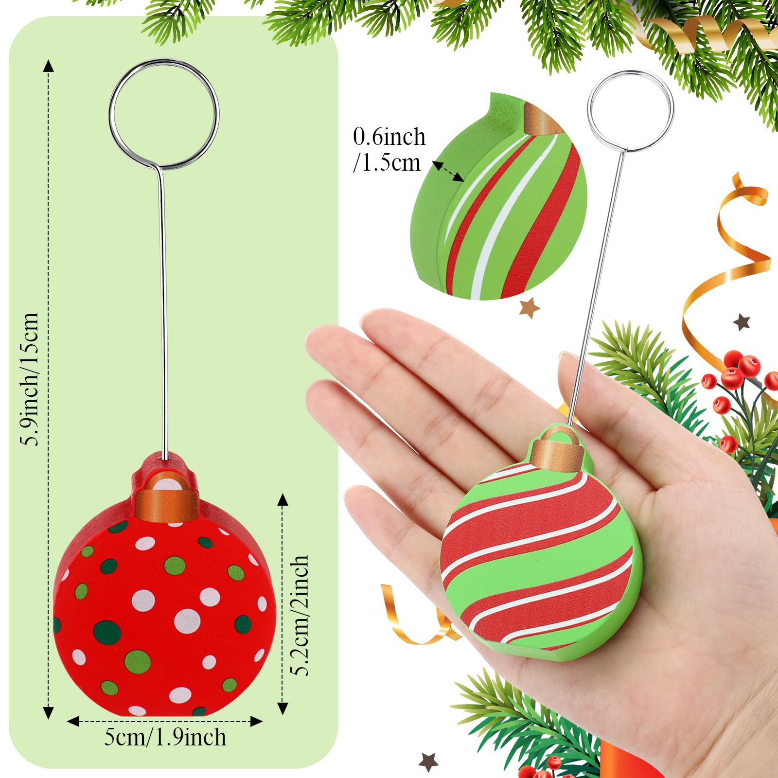 VioraWhite Tischkartenhalter aus Holz, 6,9 cm, Mini-Weihnachtskugel, Namenskarte, Foto, Tischnummer, Ständer, Tischdekoration, für Weihnachten, Winter, Urlaub, Party, 12 Stück