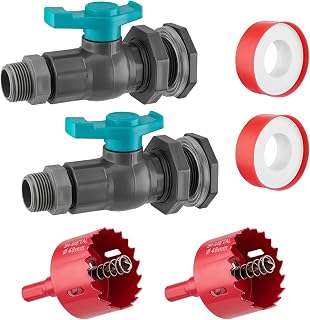 1 Inch Rain Barrel Spigot Kit 2 Pack Garden Water Barrel Spigot | PVC Bulkhead Fitting Ball Valve Garden Diverter Kit With Hole Saw Thread Seal Tape for Rainwater Harvesting Water Tank Bucket