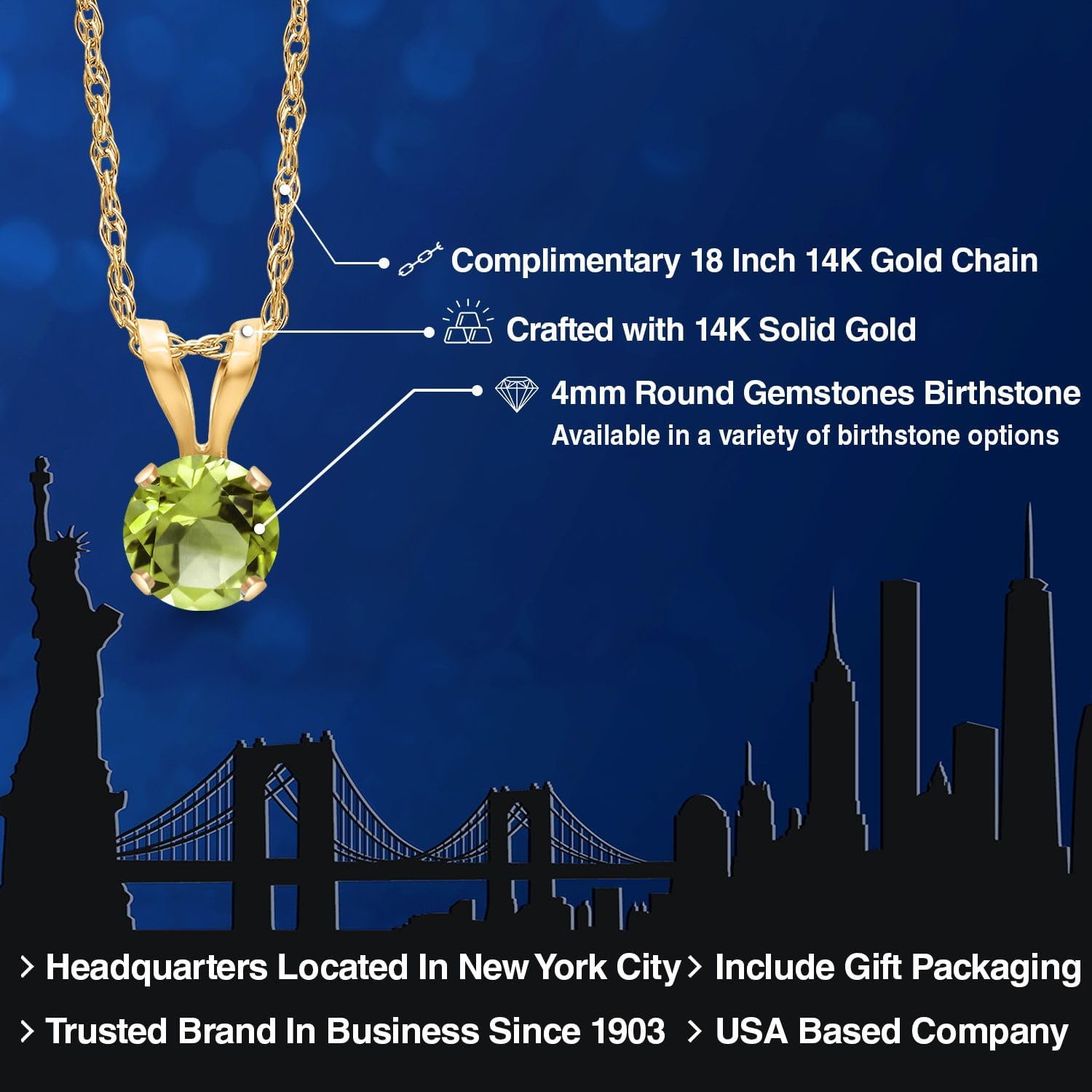 Gem Stone King 14K Yellow Gold Green Peridot Pendant Necklace for Women | 0.30 Cttw | Gemstone August Birthstone | Round 4MM | With 18 Inch Chain - Image 2