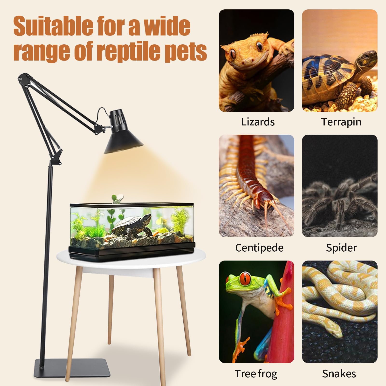 Reptilien Wärmelampenständer, Reptilien Lampenständer mit Lampenschirm, Verstellbarer Schwenkarm Terrarium Lampe Halterung, E27 Keramischer Lampensockel (140CM)