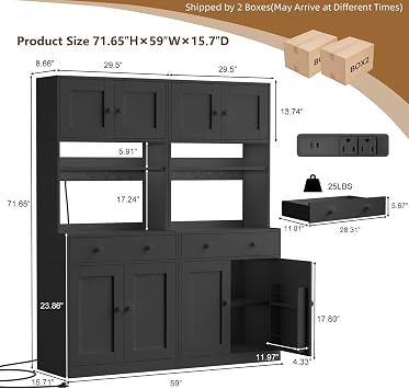 71 Tall Kitchen Pantry Cabinet with Microwave Countertop, LED Lights Black