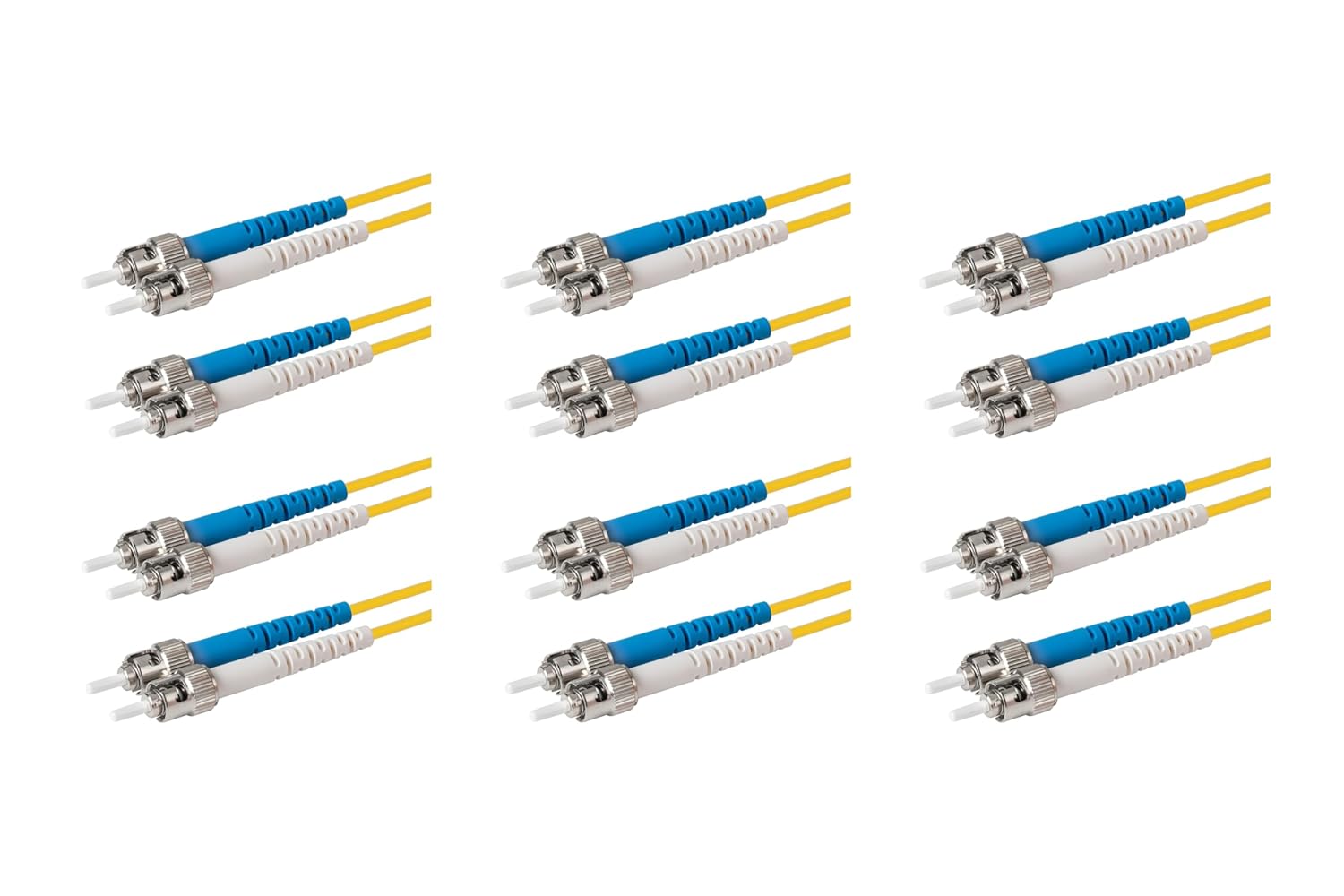 SpeedyFiberTX 6-Pack 1 Meter ST/U to ST/U Fiber Optic Patch Cable, Blue and White Boots, Corning SMF-28 Ultra Single-Mode 9/125um Optical Fiber, Duplex Yellow Riser OFNR Cable Jacket