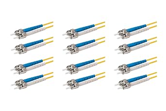 SpeedyFiberTX 6-Pack 3 Meter ST/U to ST/U Fiber Optic Patch Cable, Blue and White Boots, Corning SMF-28 Ultra Single-Mode 9/125um Optical Fiber, Duplex Yellow Riser OFNR Cable Jacket