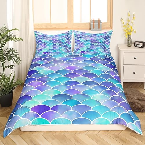 Miniatura 2 de Juego de funda de edredón con escamas de pez de sirena, funda de edredón de escamas de pez azul, tamaño Queen para niños y niñas, habitación