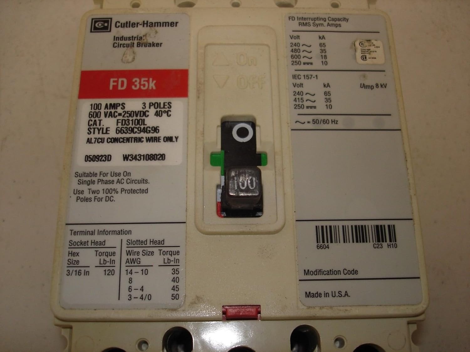 Eaton Cutler-Hammer CHFD3100L C-H FD3100L 100A FD 3P 600V 35KAIC FIX, Black
